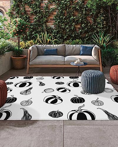 Thanksgiving Fall Outdoor Rug for Patio/Deck/Porch, Non-Slip Large Area Rug 6 x 9 Ft, Simple Black and White Fall Pumpkin Indoor Outdoor Rugs Washable Area Rugs, Reversible Camping Rug Carpet Runner