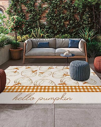 Hello Pumpkin Outdoor Rug for Patio/Deck/Porch, Non-Slip Large Area Rug 6 x 9 Ft, Thanksgiving Orange Plaid Pumpkin Fall Indoor Outdoor Rugs Washable Area Rugs, Reversible Camping Rug Carpet Runner