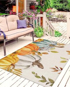 thanksgiving fall outdoor rug for patio/deck/porch, non-slip area rug 6x9 ft, orange teal grey pumpkin maple leaf rustic indoor outdoor rugs washable area rugs, reversible camping rug carpet runner