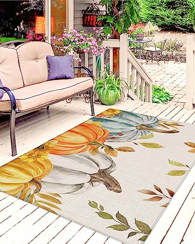 Thanksgiving Fall Outdoor Rug for Patio/Deck/Porch, Non-Slip Area Rug 6x9 Ft, Orange Teal Grey Pumpkin Maple Leaf Rustic Indoor Outdoor Rugs Washable Area Rugs, Reversible Camping Rug Carpet Runner