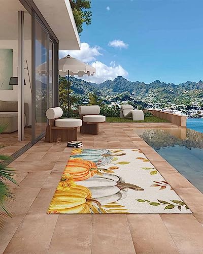 Thanksgiving Fall Outdoor Rug for Patio/Deck/Porch, Non-Slip Area Rug 6x9 Ft, Orange Teal Grey Pumpkin Maple Leaf Rustic Indoor Outdoor Rugs Washable Area Rugs, Reversible Camping Rug Carpet Runner