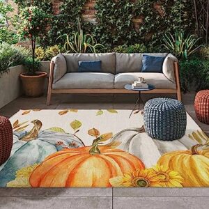 Thanksgiving Fall Outdoor Rug for Patio/Deck/Porch, Non-Slip Area Rug 6x9 Ft, Orange Teal Grey Pumpkin Maple Leaf Rustic Indoor Outdoor Rugs Washable Area Rugs, Reversible Camping Rug Carpet Runner