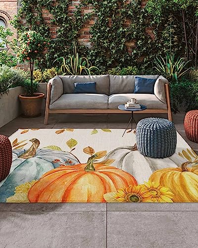 Thanksgiving Fall Outdoor Rug for Patio/Deck/Porch, Non-Slip Area Rug 6x9 Ft, Orange Teal Grey Pumpkin Maple Leaf Rustic Indoor Outdoor Rugs Washable Area Rugs, Reversible Camping Rug Carpet Runner