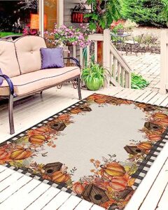 thanksgiving fall outdoor rug for patio/deck/porch, non-slip area rug 5x8 ft, orange pumpkin maple leaf black white plaid indoor outdoor rugs washable area rugs, reversible camping rug carpet runner