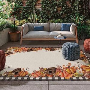 Thanksgiving Fall Outdoor Rug for Patio/Deck/Porch, Non-Slip Area Rug 5x8 Ft, Orange Pumpkin Maple Leaf Black White Plaid Indoor Outdoor Rugs Washable Area Rugs, Reversible Camping Rug Carpet Runner