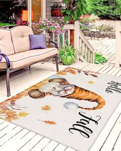 hello fall gnomes outdoor rug for patio/deck/porch, non-slip large area rug 6 x 9 ft, thanksgiving pumpkin maple leaf indoor outdoor rugs washable area rugs, reversible camping rug carpet runner