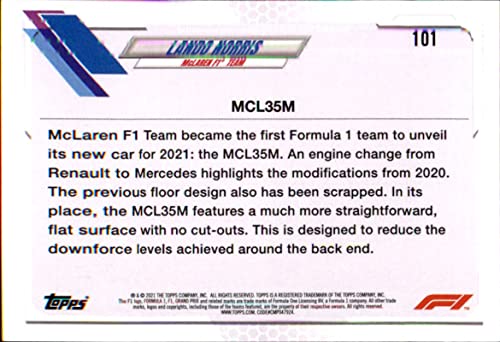 2021 Topps Formula 1 Racing #101 Lando Norris McLaren F1 Team Official Trading Card (Stock Photo shown, card in Near Mint to Mint Condition)