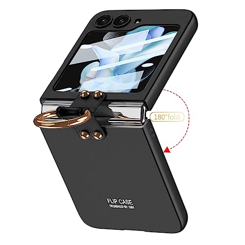 DALUZ Design for Galaxy Z Flip 5 Case 5G 2023, Slim Thin Z Flip 5 Case with Ring Kickstand Back Screen Protector, Raised Bezel Full Protection Samsung Z Flip 5 Case Black