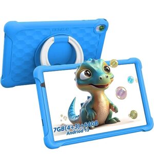 kids tablet, 10 inch tablet for kids 7gb(4+3 expand) ram+64gb/1tb rom android 13 tablet for toddler with case, wifi, bluetooth, dual camera, parental control, google play store pre installed (blue)