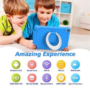 Kids Tablet, 10 Inch Tablet for Kids 7GB(4+3 Expand) RAM+64GB/1TB ROM Android 13 Tablet for Toddler with Case, WiFi, Bluetooth, Dual Camera, Parental Control, Google Play Store Pre Installed (Blue)