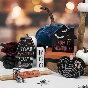 5Pcs Halloween Tiered Tray Decor Set Happy Halloween Boo Wooden Signs Cute Tomb Haunted House Rolling Pins Spiderweb Halloween Decor