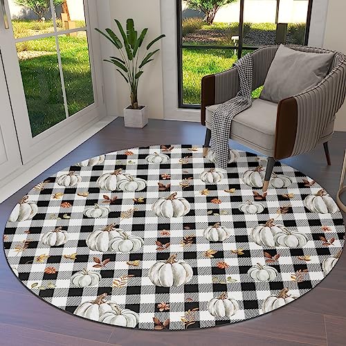 Plaid Pumpkin Large Area Rugs Carpet 5 Feet for Bedroom Living Room,Accent Throw Kitchen Hallway Bathroom Runner Rug Low Pile Entryway Door Mat Floor Doormat,Fall Thanksgiving Buffalo Plaid Leaves