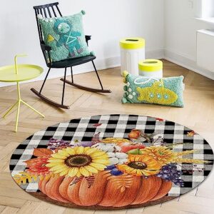 Pumpkin Plaid Large Area Rugs Carpet 3 Feet for Bedroom Living Room,Accent Throw Kitchen Hallway Bathroom Runner Rug Low Pile Entryway Door Mat Floor Doormat,Thanksgiving Fall Farmhouse Bird Sunflower