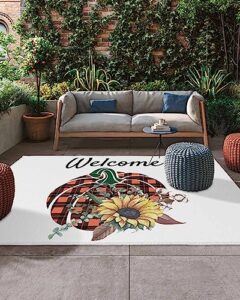 farm thanksgiving buffalo plaid pumpkin sunflower cotton outdoor area rug 4x6ft,rv camping rugs white outside mat rubber backing carpet for indoor outdoor patio deck porch balcony