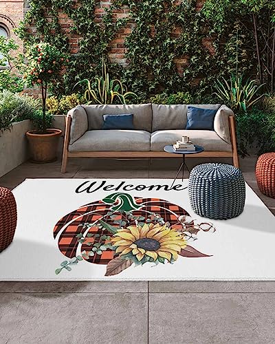 Farm Thanksgiving Buffalo Plaid Pumpkin Sunflower Cotton Outdoor Area Rug 4x6ft,RV Camping Rugs White Outside Mat Rubber Backing Carpet for Indoor Outdoor Patio Deck Porch Balcony