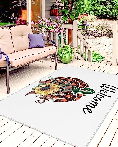 Farm Thanksgiving Buffalo Plaid Pumpkin Sunflower Cotton Outdoor Area Rug 4x6ft,RV Camping Rugs White Outside Mat Rubber Backing Carpet for Indoor Outdoor Patio Deck Porch Balcony