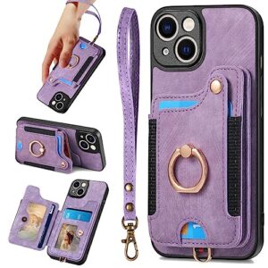 jancalm for iphone 14 case,phone case for iphone 13,card holder wallet,ring holder stand,rfid-blocking,wrist strap,camera protector,leather protective magnetic flip cover for iphone 13/14 (purple)