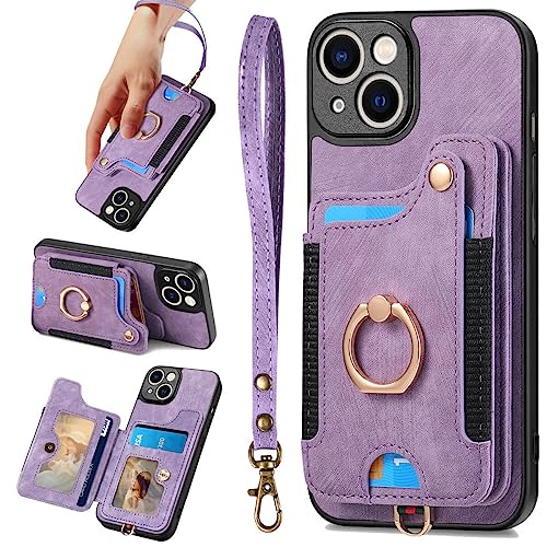 JanCalm for iPhone 14 Case,Phone Case for iPhone 13,Card Holder Wallet,Ring Holder Stand,RFID-Blocking,Wrist Strap,Camera Protector,Leather Protective Magnetic Flip Cover for iPhone 13/14 (Purple)