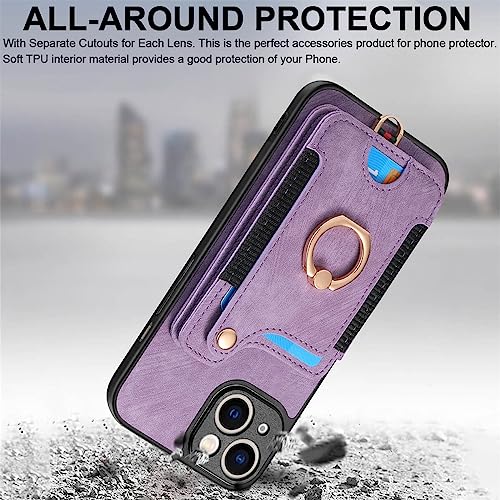 JanCalm for iPhone 14 Case,Phone Case for iPhone 13,Card Holder Wallet,Ring Holder Stand,RFID-Blocking,Wrist Strap,Camera Protector,Leather Protective Magnetic Flip Cover for iPhone 13/14 (Purple)