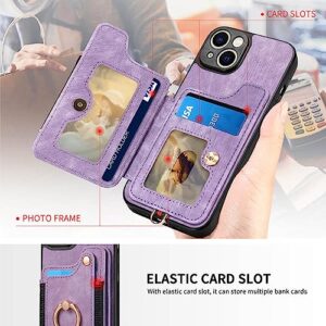 JanCalm for iPhone 14 Case,Phone Case for iPhone 13,Card Holder Wallet,Ring Holder Stand,RFID-Blocking,Wrist Strap,Camera Protector,Leather Protective Magnetic Flip Cover for iPhone 13/14 (Purple)