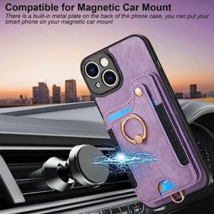 JanCalm for iPhone 14 Case,Phone Case for iPhone 13,Card Holder Wallet,Ring Holder Stand,RFID-Blocking,Wrist Strap,Camera Protector,Leather Protective Magnetic Flip Cover for iPhone 13/14 (Purple)