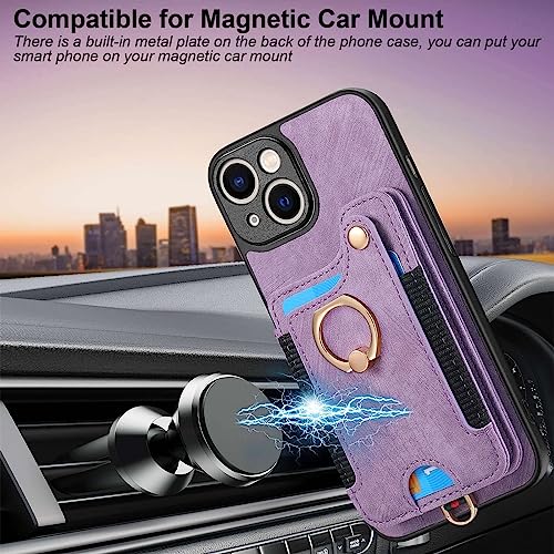 JanCalm for iPhone 14 Case,Phone Case for iPhone 13,Card Holder Wallet,Ring Holder Stand,RFID-Blocking,Wrist Strap,Camera Protector,Leather Protective Magnetic Flip Cover for iPhone 13/14 (Purple)