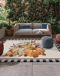 thanksgiving fall pumpkin squirrel outdoor area rug 4x6ft,rv camping rugs watercolor leaves black lattice outside mat rubber backing carpet for indoor outdoor patio deck porch balcony