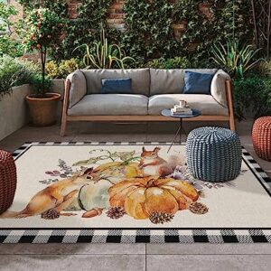 Thanksgiving Fall Pumpkin Squirrel Outdoor Area Rug 4x6ft,RV Camping Rugs Watercolor Leaves Black Lattice Outside Mat Rubber Backing Carpet for Indoor Outdoor Patio Deck Porch Balcony