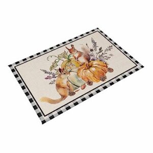 Thanksgiving Fall Pumpkin Squirrel Outdoor Area Rug 4x6ft,RV Camping Rugs Watercolor Leaves Black Lattice Outside Mat Rubber Backing Carpet for Indoor Outdoor Patio Deck Porch Balcony