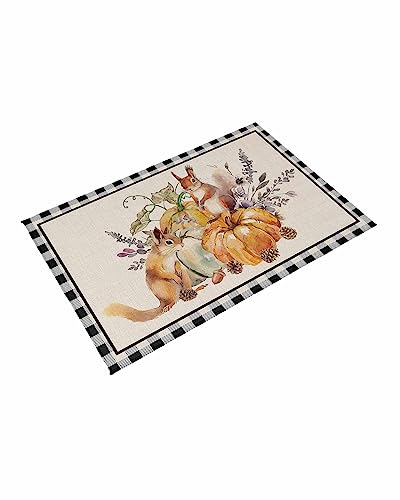 Thanksgiving Fall Pumpkin Squirrel Outdoor Area Rug 4x6ft,RV Camping Rugs Watercolor Leaves Black Lattice Outside Mat Rubber Backing Carpet for Indoor Outdoor Patio Deck Porch Balcony