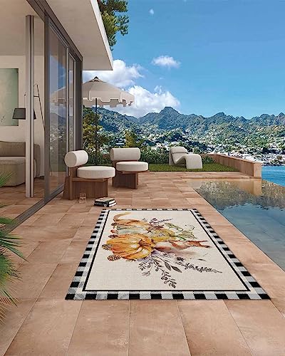 Thanksgiving Fall Pumpkin Squirrel Outdoor Area Rug 4x6ft,RV Camping Rugs Watercolor Leaves Black Lattice Outside Mat Rubber Backing Carpet for Indoor Outdoor Patio Deck Porch Balcony