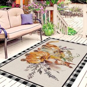 Thanksgiving Fall Pumpkin Squirrel Outdoor Area Rug 4x6ft,RV Camping Rugs Watercolor Leaves Black Lattice Outside Mat Rubber Backing Carpet for Indoor Outdoor Patio Deck Porch Balcony