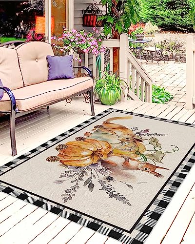 Thanksgiving Fall Pumpkin Squirrel Outdoor Area Rug 4x6ft,RV Camping Rugs Watercolor Leaves Black Lattice Outside Mat Rubber Backing Carpet for Indoor Outdoor Patio Deck Porch Balcony