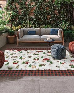 outdoor rugs for patio 5x8ft,christmas farmhouse truck elks and wreath indoor outdoor area rug floor carpet washable camping mats for deck backyard porch decor - santa elements on white and grid