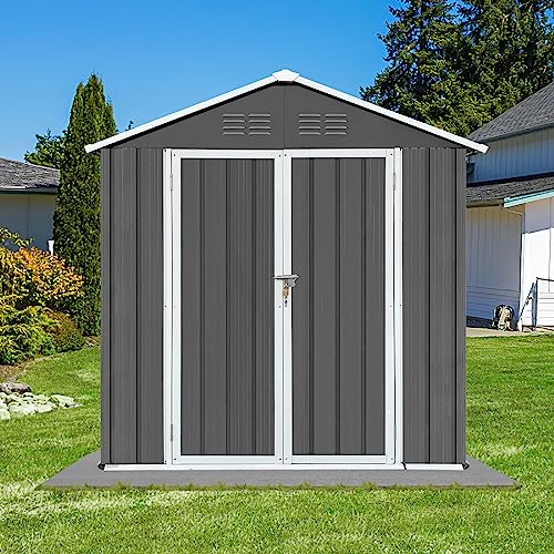 Sesslife Outdoor Storage Shed 6FT X 4FT, Metal Garden Tool Shed, Outside Sheds & Outdoor Storage with Double Lockable Door and Base Frame for Patio, Backyard,Grey