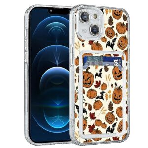 kankenlu boho pumpkin bat leaves halloween pattern clear phone case compatible with iphone 13 mini with card holder,halloween theme case for women girl,card slot slim wallet case