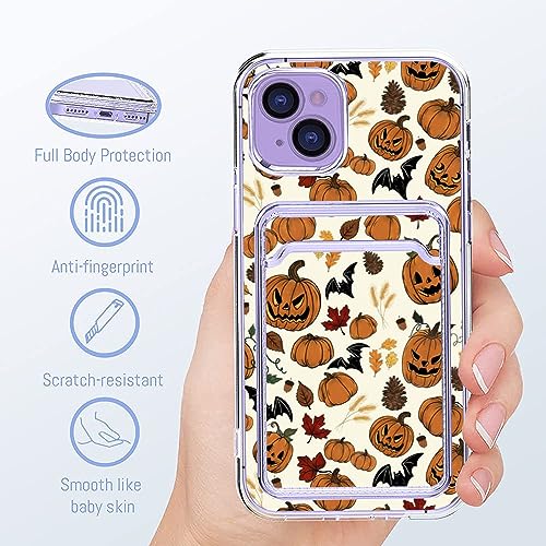 KANKENLU Boho Pumpkin Bat Leaves Halloween Pattern Clear Phone Case Compatible with iPhone 13 Mini with Card Holder,Halloween Theme Case for Women Girl,Card Slot Slim Wallet Case