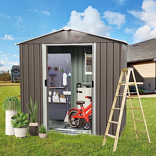 Outdoor Storage Shed 8 x 4 FT, Waterproof Galvanized Steel Storage House, All Weather Metal Shed with Lockable Door, Tool Shed Outdoor Storage for Garden, Patio, Backyard, Lawn (Brown)