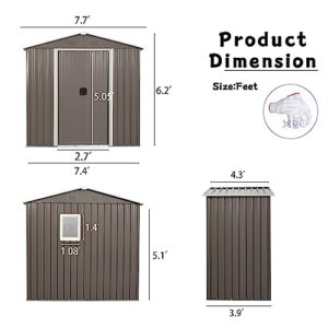 Outdoor Storage Shed 8 x 4 FT, Waterproof Galvanized Steel Storage House, All Weather Metal Shed with Lockable Door, Tool Shed Outdoor Storage for Garden, Patio, Backyard, Lawn (Brown)