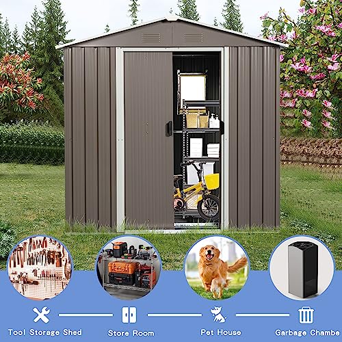 Outdoor Storage Shed 8 x 4 FT, Waterproof Galvanized Steel Storage House, All Weather Metal Shed with Lockable Door, Tool Shed Outdoor Storage for Garden, Patio, Backyard, Lawn (Brown)