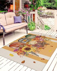 hello fall outdoor rug for patio/deck/porch, non-slip area rug 6x9 ft, thanksgiving pumpkin floral maple leaf yellow beige striped indoor outdoor rugs washable area rugs, reversible camping rug carpet