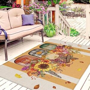 Hello Fall Outdoor Rug for Patio/Deck/Porch, Non-Slip Area Rug 6x9 Ft, Thanksgiving Pumpkin Floral Maple Leaf Yellow Beige Striped Indoor Outdoor Rugs Washable Area Rugs, Reversible Camping Rug Carpet