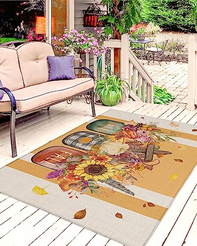 Hello Fall Outdoor Rug for Patio/Deck/Porch, Non-Slip Area Rug 6x9 Ft, Thanksgiving Pumpkin Floral Maple Leaf Yellow Beige Striped Indoor Outdoor Rugs Washable Area Rugs, Reversible Camping Rug Carpet