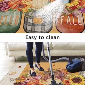 Hello Fall Outdoor Rug for Patio/Deck/Porch, Non-Slip Area Rug 6x9 Ft, Thanksgiving Pumpkin Floral Maple Leaf Yellow Beige Striped Indoor Outdoor Rugs Washable Area Rugs, Reversible Camping Rug Carpet