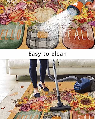 Hello Fall Outdoor Rug for Patio/Deck/Porch, Non-Slip Area Rug 6x9 Ft, Thanksgiving Pumpkin Floral Maple Leaf Yellow Beige Striped Indoor Outdoor Rugs Washable Area Rugs, Reversible Camping Rug Carpet