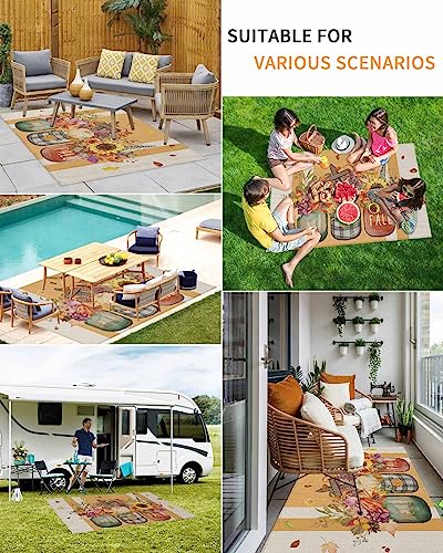 Hello Fall Outdoor Rug for Patio/Deck/Porch, Non-Slip Area Rug 6x9 Ft, Thanksgiving Pumpkin Floral Maple Leaf Yellow Beige Striped Indoor Outdoor Rugs Washable Area Rugs, Reversible Camping Rug Carpet