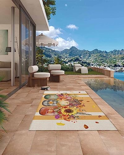 Hello Fall Outdoor Rug for Patio/Deck/Porch, Non-Slip Area Rug 6x9 Ft, Thanksgiving Pumpkin Floral Maple Leaf Yellow Beige Striped Indoor Outdoor Rugs Washable Area Rugs, Reversible Camping Rug Carpet