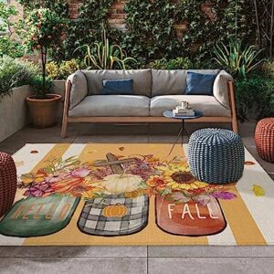 Hello Fall Outdoor Rug for Patio/Deck/Porch, Non-Slip Area Rug 6x9 Ft, Thanksgiving Pumpkin Floral Maple Leaf Yellow Beige Striped Indoor Outdoor Rugs Washable Area Rugs, Reversible Camping Rug Carpet