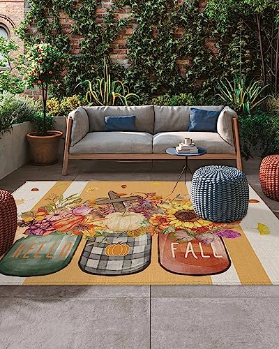 Hello Fall Outdoor Rug for Patio/Deck/Porch, Non-Slip Area Rug 6x9 Ft, Thanksgiving Pumpkin Floral Maple Leaf Yellow Beige Striped Indoor Outdoor Rugs Washable Area Rugs, Reversible Camping Rug Carpet