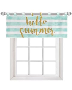 tab top curtain valance hello summer gold round spots on blue and white stripes valance curtains light filtering rod pocket window treatment small valances for kitchen cafe basement, 1 panel, 54x18in